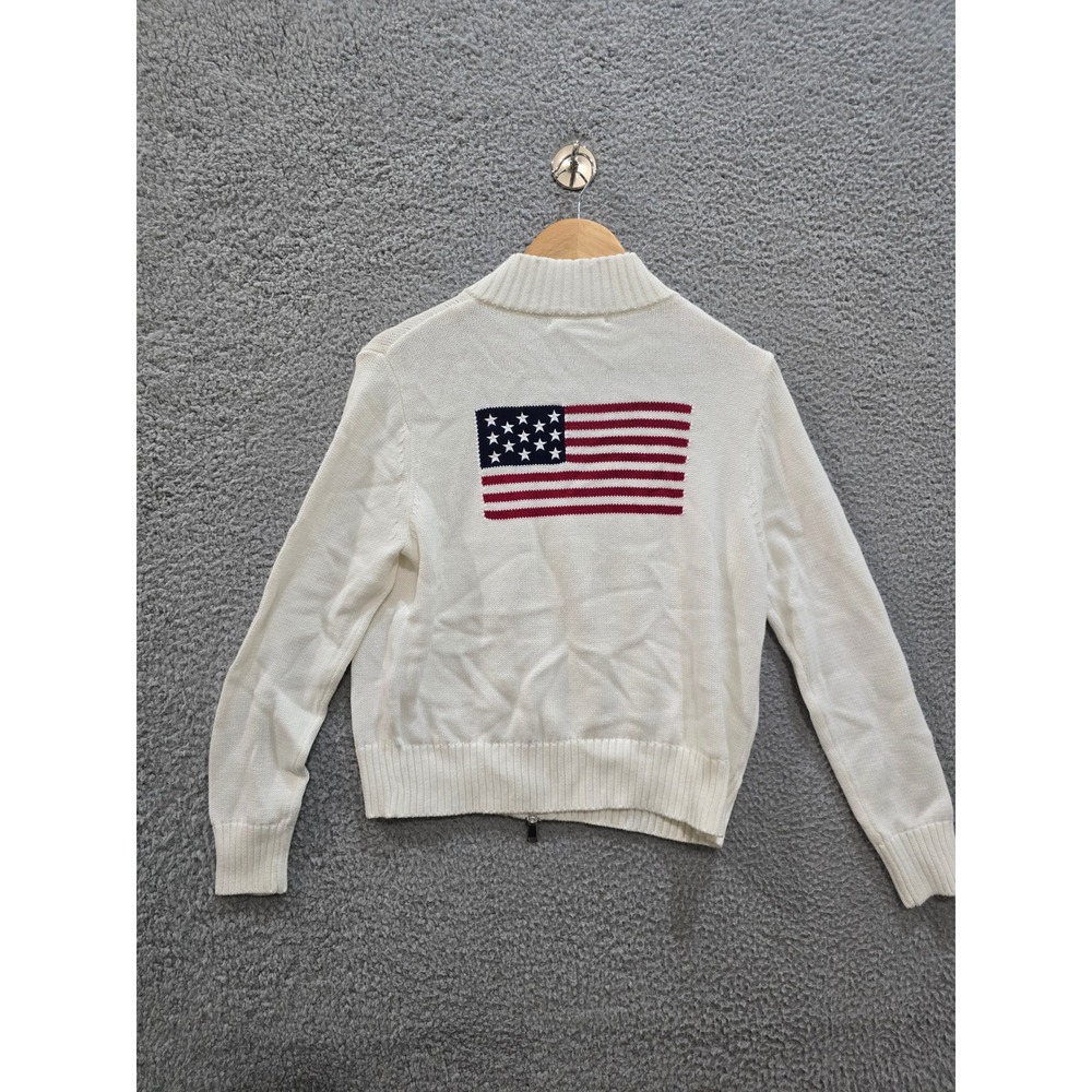 Patriotic White Cotton Full Zip American Flag Mock Neck Sweater Cardigan Medium - Picture 3 of 7